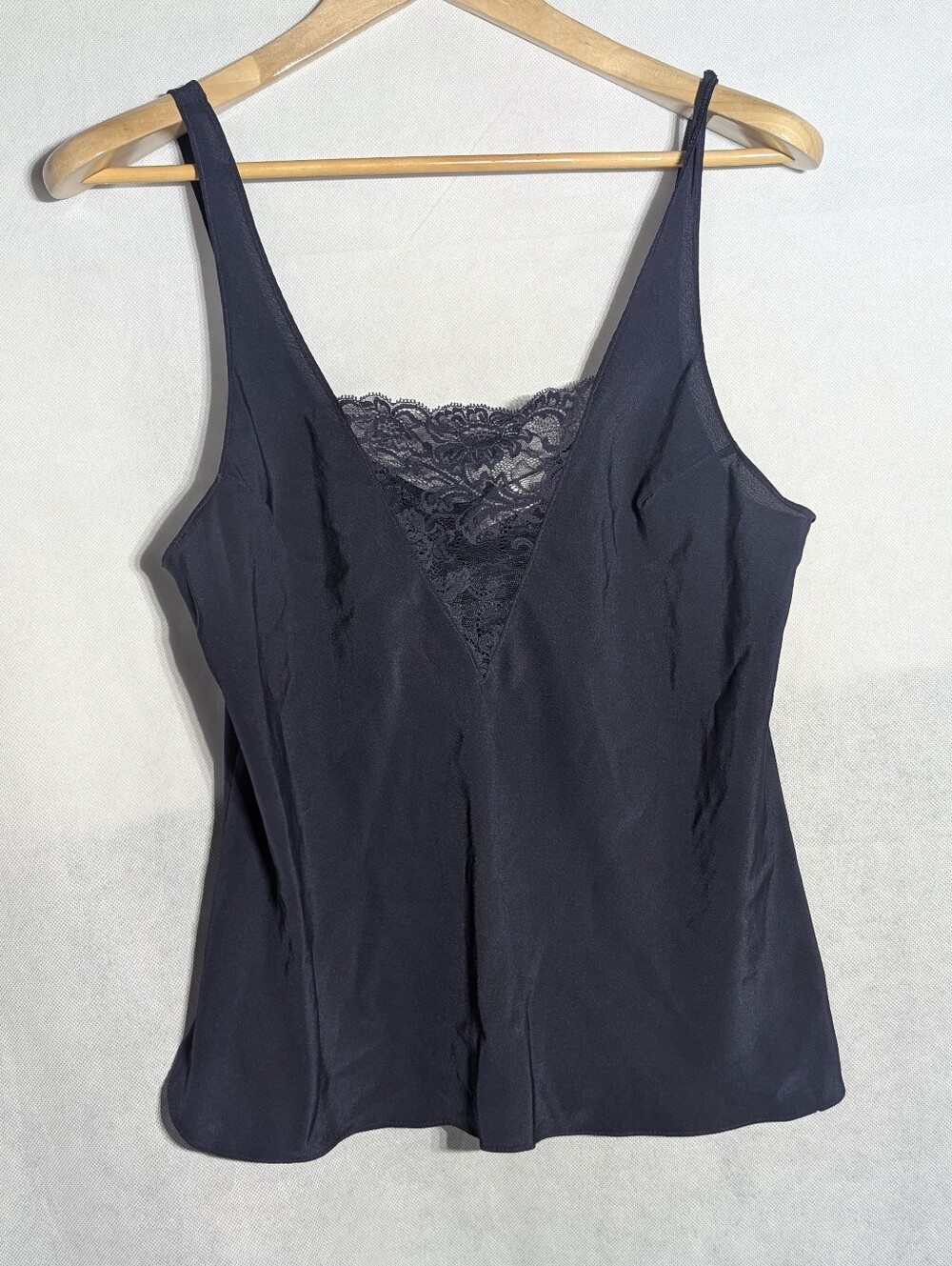 Vintage Olga Midnight Navy Liquid Satin Lace Inset Camisole Top Sz 36